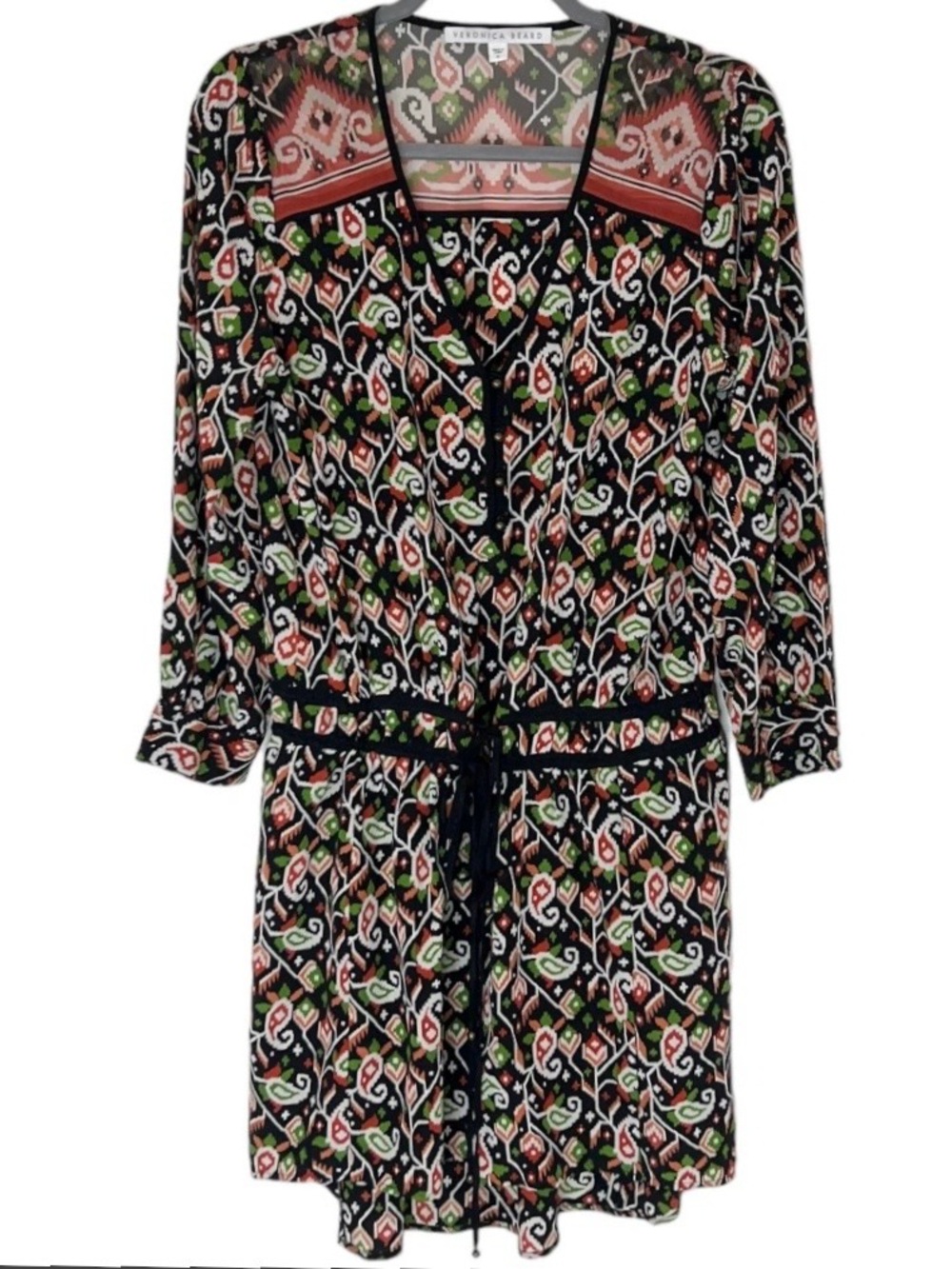 Veronica Beard • 100% Silk Mini Shirt Dress • Black with Coral & Green Pattern